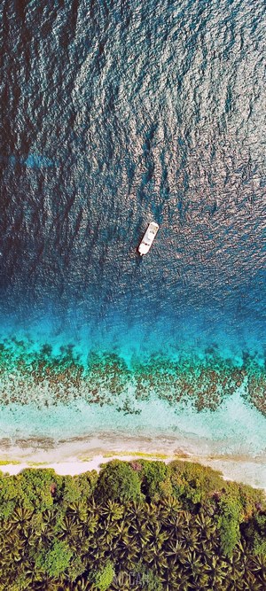 Aerial view of a boat near a tropical island