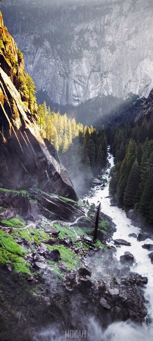 Vernal Falls at sunset with river and forest