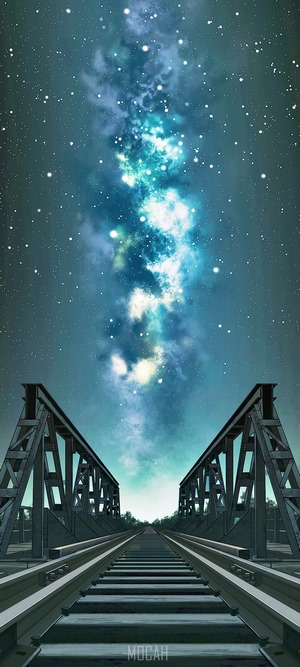 Train tracks on a bridge under a starry sky