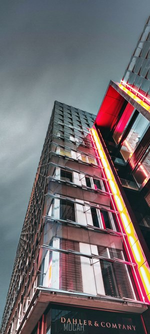 Modern building with neon lights and signage
