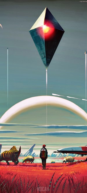 No Man's Sky alien landscape with traveler and diamond monolith