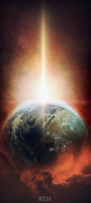 Earth with light beam from space