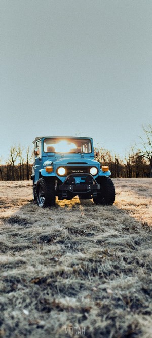 Blue Toyota Land Cruiser FJ40 off-roading in field