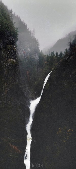 Waterfall in a misty mountain forest