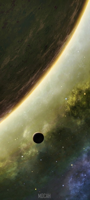 Planet and moon in outer space with nebula