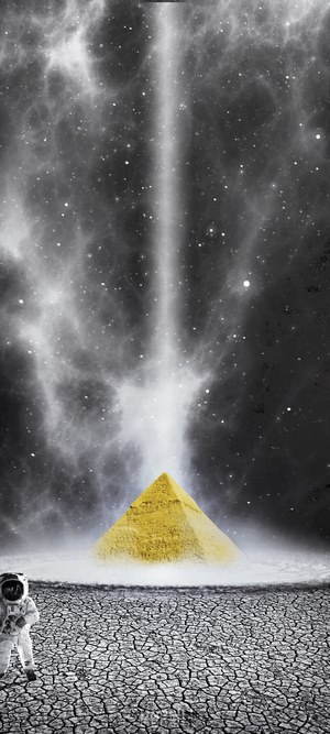Astronaut on cracked planet with pyramid and nebula