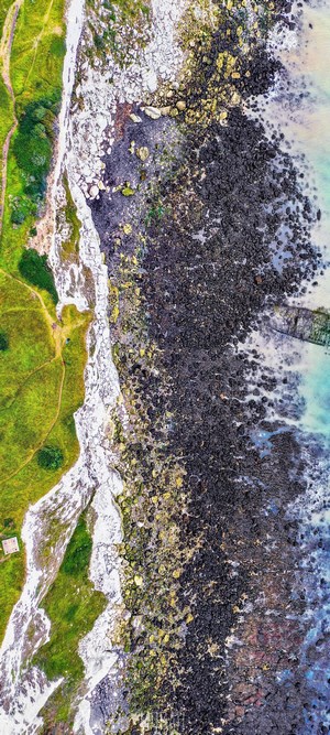 Aerial view of rocky coastline and green hills