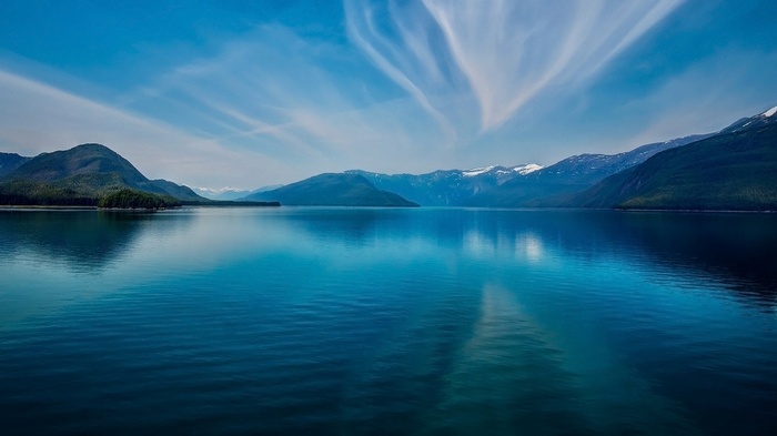 Calm lake reflecting mountains and sky