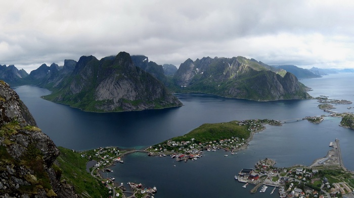 Lofoten Islands, Norway, with villages and mountains