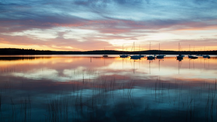 Sailboats on a lake at sunset
