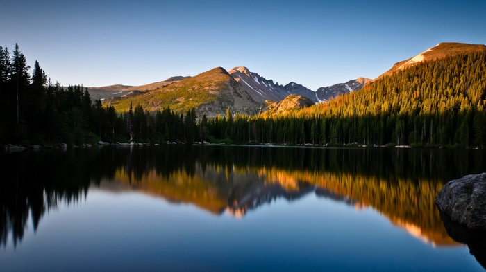 Mountain lake with pine forest and reflection
