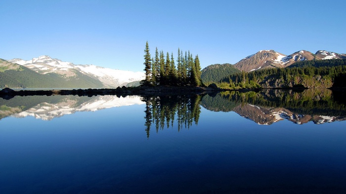 Mountain lake with island and reflections