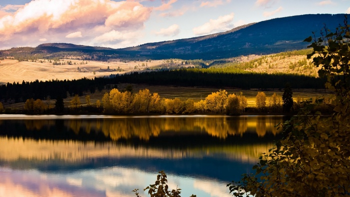 Autumn trees reflected in a calm lake with mountains