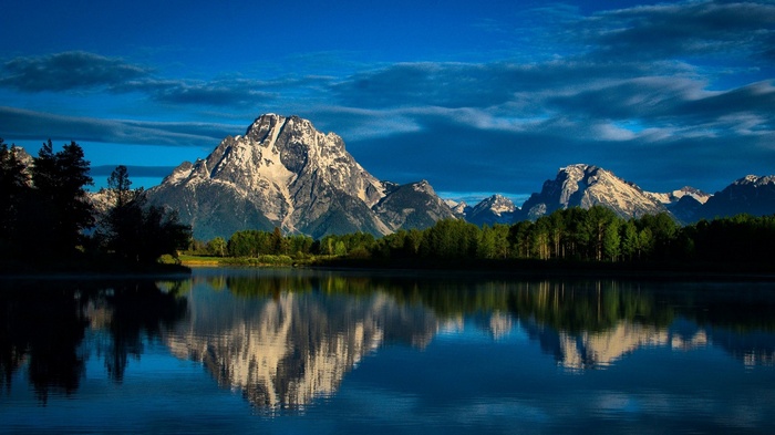 Snow-capped mountains reflected in a lake