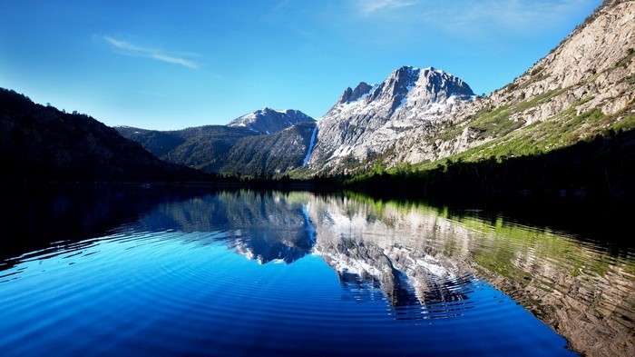 Mountain lake reflection with snow-capped peaks