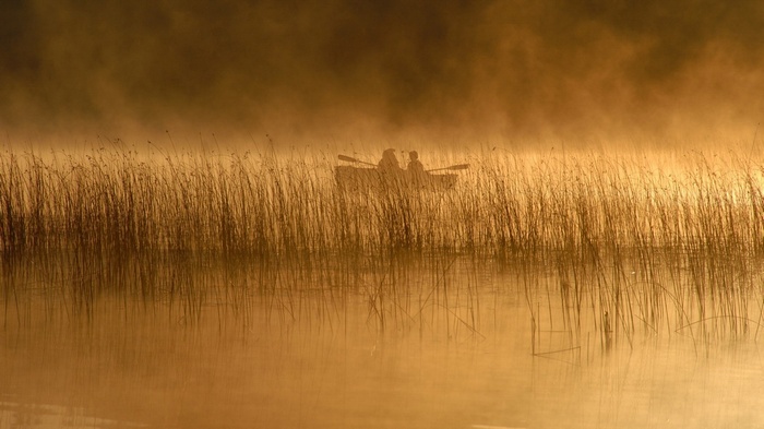 Two people in a boat on a misty lake