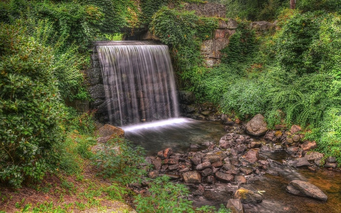 Waterfall cascading into a rocky stream surrounded by greenery