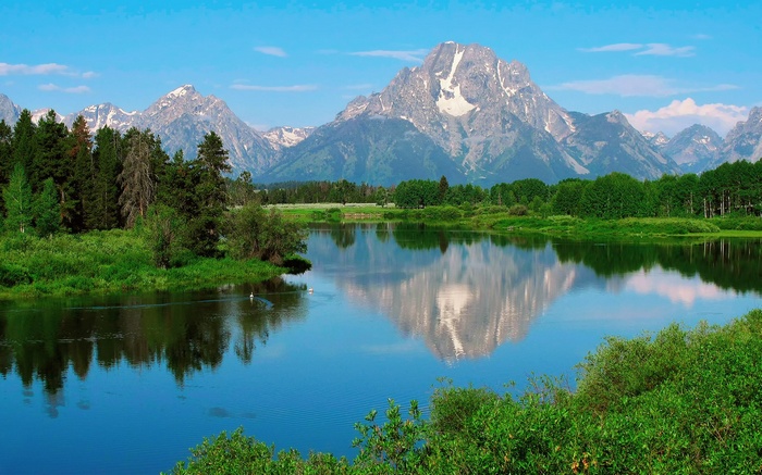 Reflection of snow-capped mountains in a lake