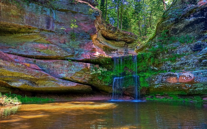Waterfall cascading into a pool in a rocky gorge