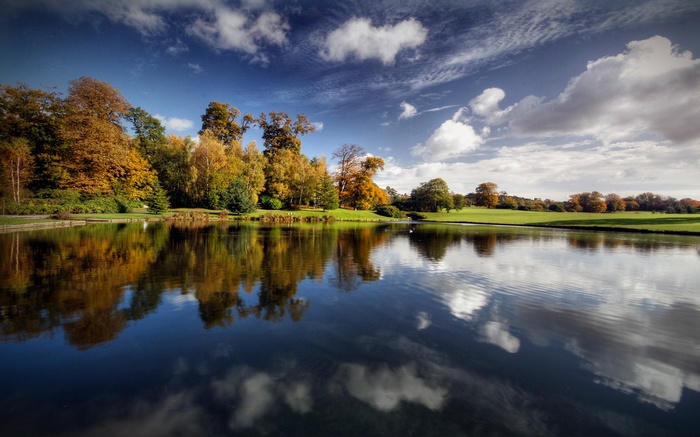 Autumn trees reflected in a calm lake under a cloudy sky