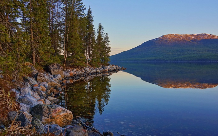 Rocky lake shore with pine trees and mountain reflection