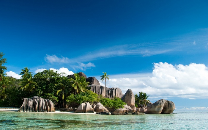 Tropical island with granite boulders and palm trees