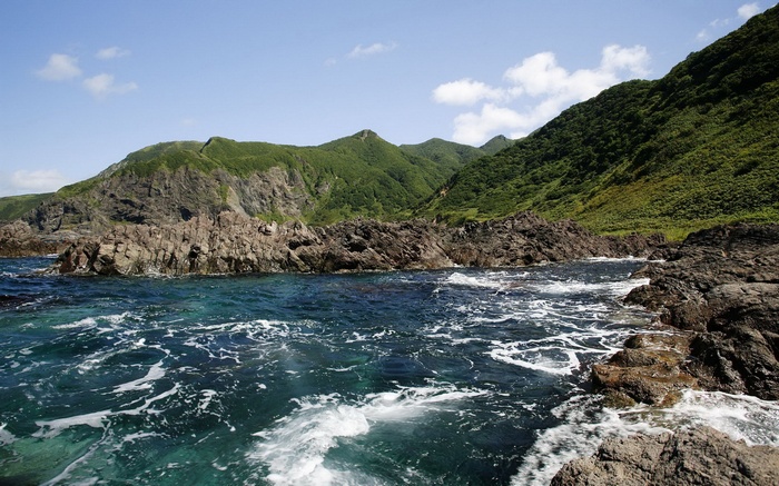Rocky coastline with green hills and blue ocean