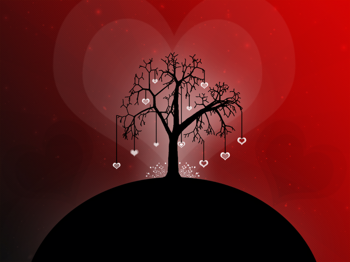 Silhouette tree with hearts on a red background