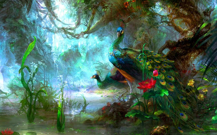 Colorful Peacocks in Enchanted Forest