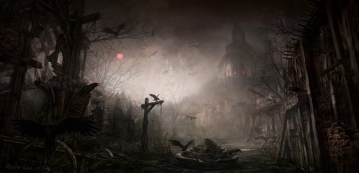 Dark Gothic Town with Ravens and Red Moon