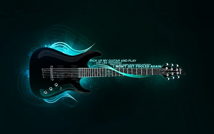 Black electric guitar with blue neon accents and lyrics
