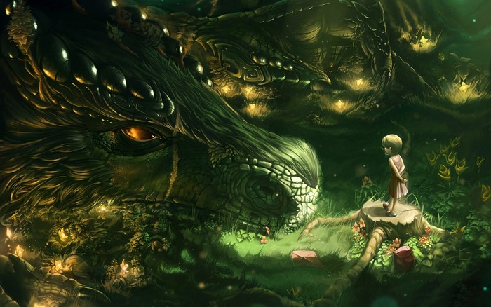 A child stands before a giant dragon in a magical forest