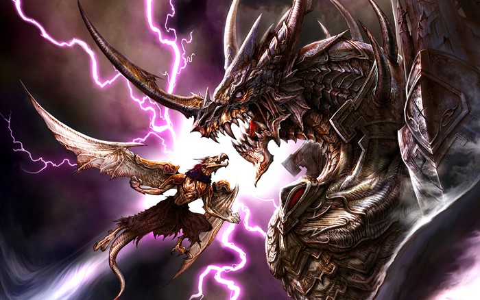Two dragons fighting amidst lightning