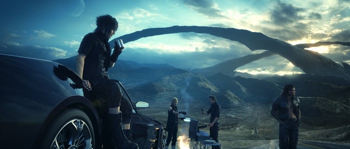 Final Fantasy XV characters camping at sunset