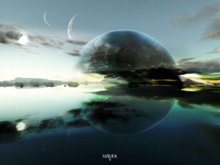 Sci-fi planet rise over reflective water