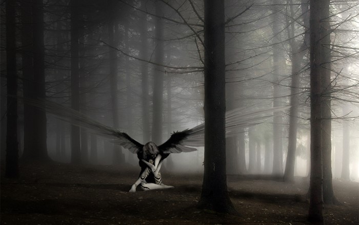 Angel with dark wings in a foggy forest