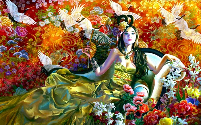 Woman in a green dress with a fan and cranes