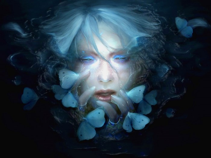 Fantasy portrait of a woman with blue butterflies