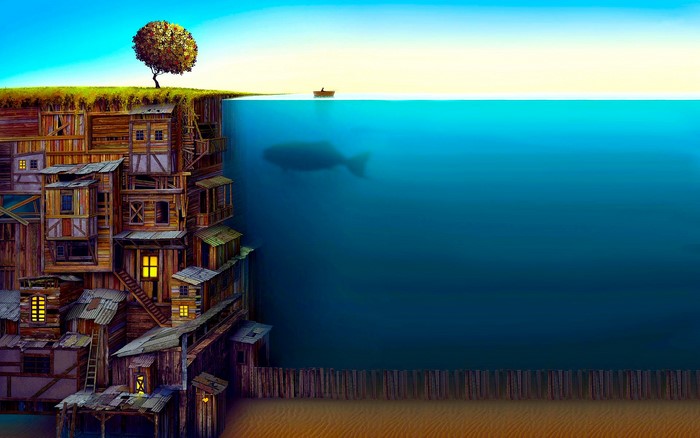 Fantasy cliffside village with underwater whale