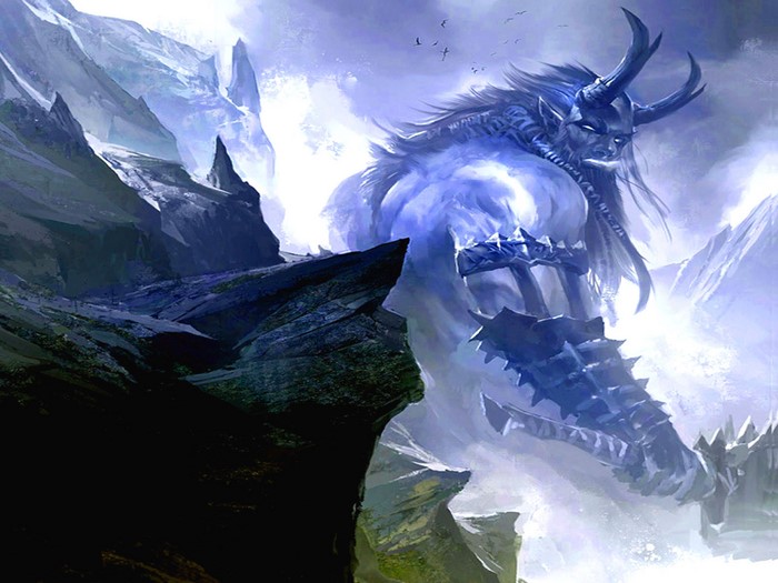 Giant with horns in a snowy mountain landscape