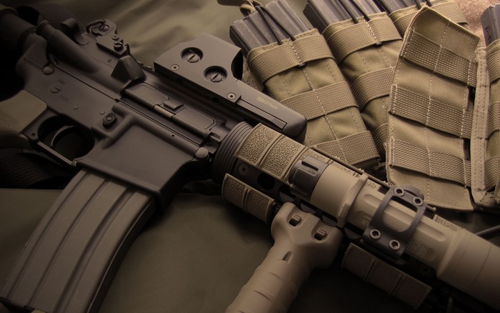 AR-15 rifle with Eotech sight and ammo pouches