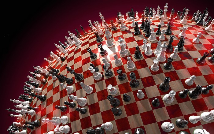 Chess pieces on a curved chessboard
