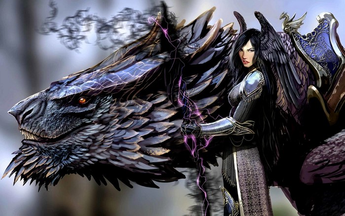Dragon and a woman with wings
