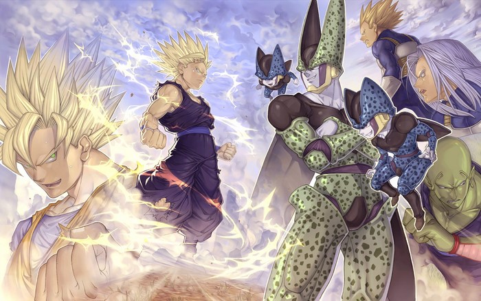 Goku, Gohan, Cell, Vegeta, Trunks, and Piccolo from Dragon Ball Z