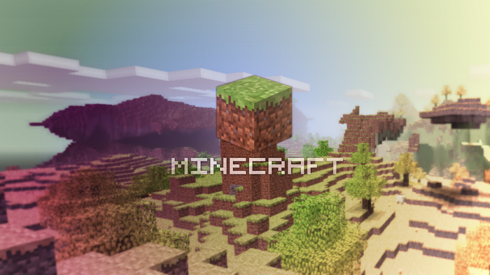 Minecraft title screen with dirt block tower