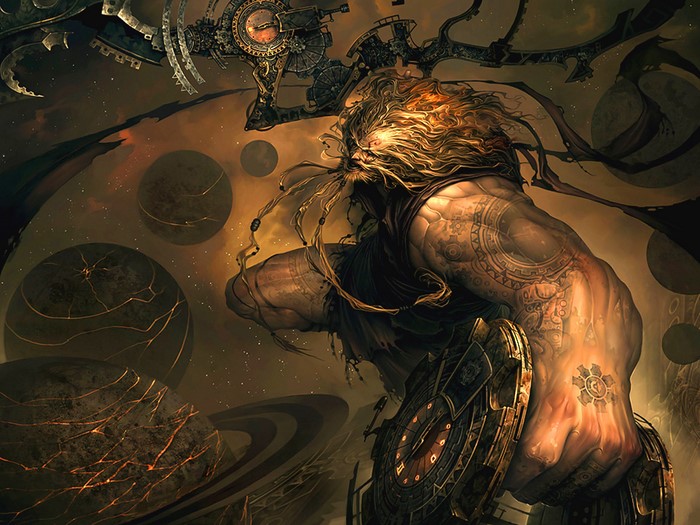 Kronos, a giant with clockwork tattoos in space
