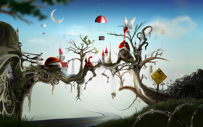 Surreal floating islands with castles and a road