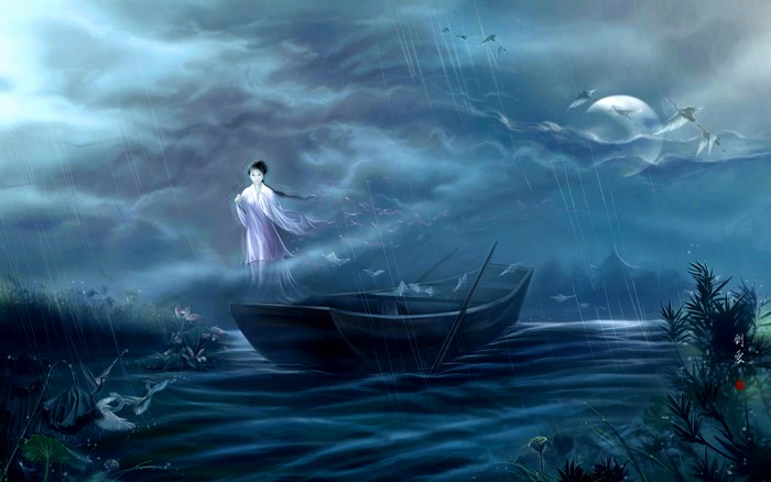 Ghostly woman in a boat during a rainstorm