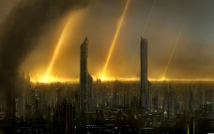 Apocalyptic Sci-Fi Cityscape with Light Beams