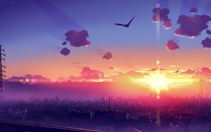 Anime city skyline at sunrise with birds